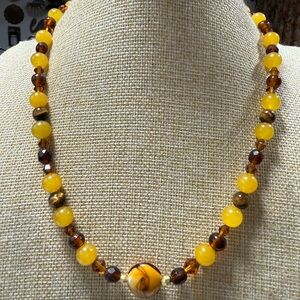 Multi Stone and Art Glass Necklace Citrine, Tigers Eye Crystal and Glass